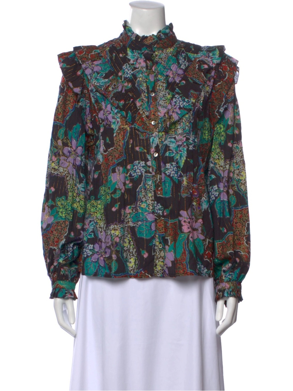 LOVE THE LABEL Floral Print Metallic Long Sleeve Mock Neck Button Blouse Ruffle